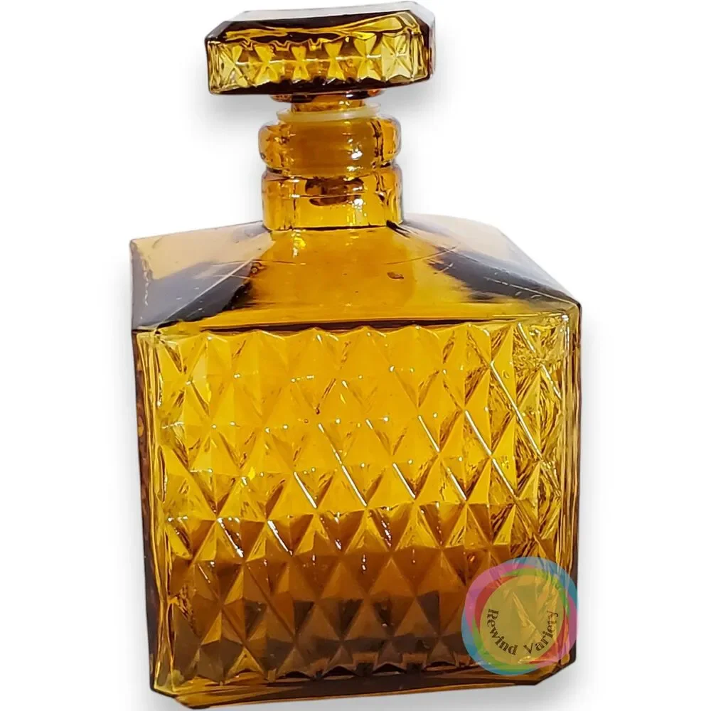 Vintage Mid Century Amber Glass Diamond Decanter Set Taiwan